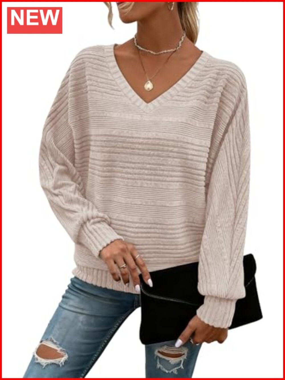 Long Sleeve Tunic Top V-Neck Batwing Sweater Blouse